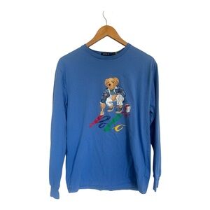 Ralph Lauren Blue Long Sleeve Tee with Bear Graphic